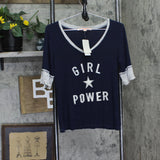 Rebellious One Juniors Girl Power Graphic T-Shirt Tee Navy / Gray M