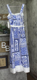 Aqua Tile Print Button Front Maxi Dress IDM11816 Blue / White S