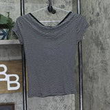 Polly & Esther Juniors Pinstriped Jewel Neck Skimmer T-Shirt Top Black / White M