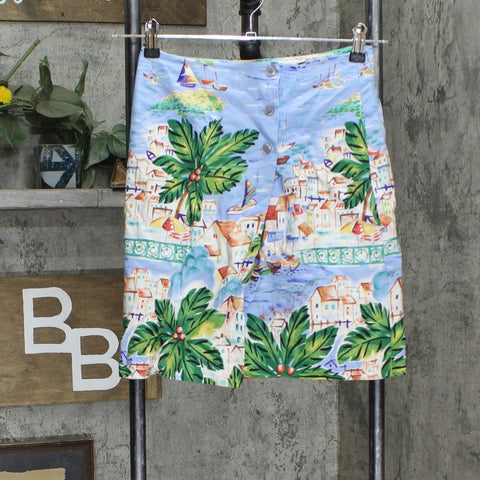 Cambridge Dry Goods Linen Blend Tropical Boat Button Front Skirt Blue Multi 4