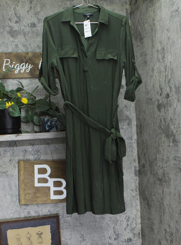 Alfani Womens Roll Tab Knit Tie-Waist Shirtdress 100154096MS Olive Green L
