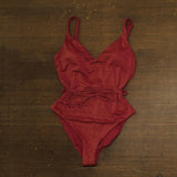 Aqua Womens Belted Lurex Plunge One Piece Swimsuit AQSL25834 Burgundy Red S