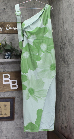 Jewel Badgley Mischka Floral Print One Cold Shoulder Dress Gown Green / Multi 4