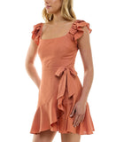 Trixxi Juniors Ruffle-Sleeve Faux-Wrap Dress 26ED087HWI Burnt Orange M