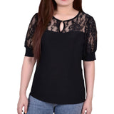 Ny Collection Womens Puff Lace Sleeve Knit Blouse PITU0712 Black PM