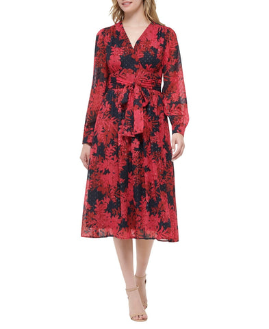 Tommy Hilfiger Glitter-Dot Floral Belted Dress Sky Captain / Persian Red 12