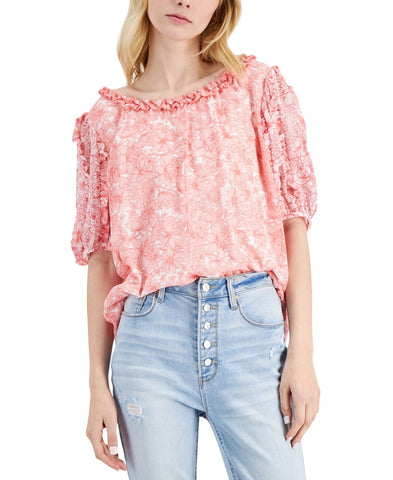 Studio By JPR Floral-Print Sheer Puff Sleeve Blouse Top Shell Pink / White M