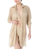 Carmen Marc Valvo Crochet Tunic Swim Cover-Up Shirt Button Up Beige Brown M