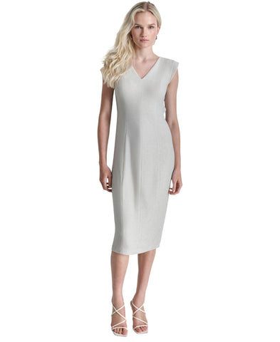 DKNY Womens Draped-Back Extended-Shoulder Lurex Dress DD4JAE06 Cream Gray 10