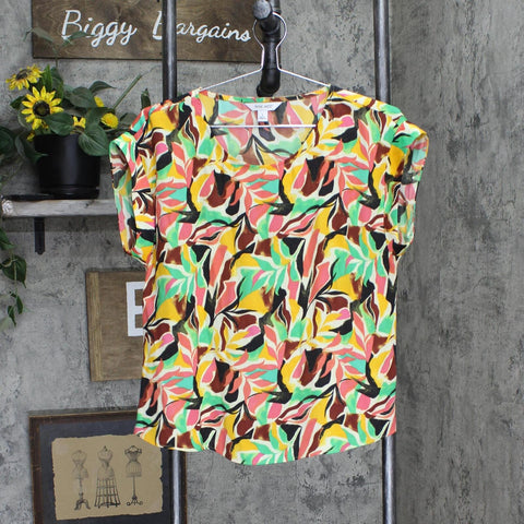 Nine West Womens Woven Short Sleeve Blouse Shirt Top Green Multicolor S