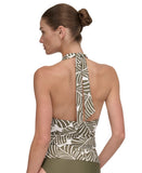 DKNY Womens Shirred Halter V-Neck Tankini Top Swim DIMKS215 Jungle Palm Green S