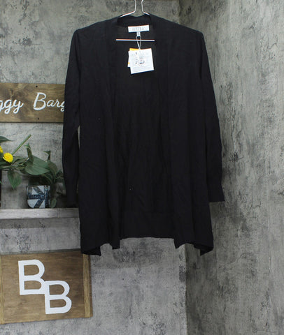 Kasper Womens Open Front Knit Ribbed Asymmetric Hem Cardigan Sweater Black S