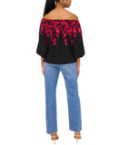 Sam & Jess Womens Off-the-Shoulder Floral Tie-Hem Top Rich Black / Red M