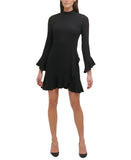 Tommy Hilfiger Womens Mock Neck Ruffled Long Sleeve Cocktail Midi Dress Black 12