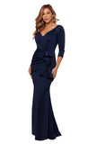 Xscape 3/4 Sleeve V-Neck Side Ruched Pleated Ruffled Gown Dress Midnight Blue 8