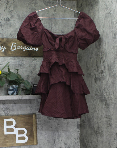 Crystal Doll Sweetheart-Neck Puffed Sleeve Fit Flare Dress Merlot Red 2XS