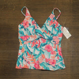 Swim Solutions Crossover Printed Shirred Tankini Swim Top Tropic Twist Multi 14