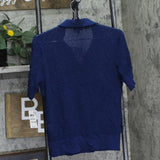 Alfani Pointelle Polo V-Neck Ribbed Knit Sweater Top Blazing Navy Blue M