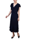 Ny Collection Womens Petite Flutter Sleeve Ruffle Midi Dress Navy Blue PM
