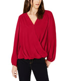 INC International Concepts Womens Long Sleeved Shirred Surplice Top Red S