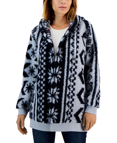 Tommy Hilfiger Women's Hooded Sherpa Jacket J2XEH410 Pearl Blue M