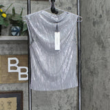Calvin Klein Womens Sleeveless Pleated Metallic Top M2XHM865 Silver Gray XS