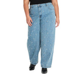 Future Collective Womens Mid-Rise Studded Barrel Leg Jeans Blue Denim 18