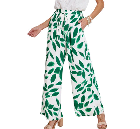 Cupshe Tropical Leaf Print Drawstring Swim Cover Up Pants Dark Green / White L