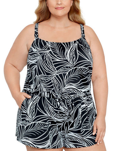 Swim Solutions Slash Pockets Swim One Piece Romper On The Vine Black / White 22W