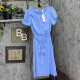 Ny Collection Womens Petite Short Sleeve Belted Swiss Dot Dress Sky Blue PL