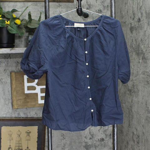 Universal Thread Puff Sleeve Woven Lightweight Button Up Blouse Shirt Top Blue M