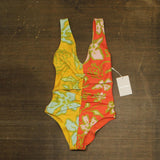 Solid & Striped One-Piece Colorblock Swimsuit Hibiscus Print Yellow Multi XS