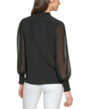 Calvin Klein Womens Long Sleeve Mock Neck Smocked Blouse Black XL