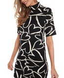 London Times Printed Mockneck Short Sleeve Mini Sweater Dress Black / White L