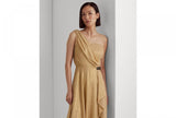 Lauren Ralph Lauren Womens Buckle-Trim Metallic Chiffon Dress Birch Tan Gold 14