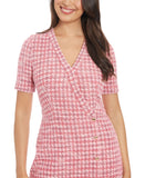 London Times Womens Houndstooth Faux-Wrap V Neck Embellished Dress Pink 18