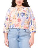 Vince Camuto Floral Peasant Blouse, Long Sleeve Tie Neck White Multi 3X