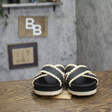 Bearpaw Criss Cross Woven Raffia Faux Leather Slide Sandals Black / Off White 7M