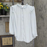 Lc Lauren Conrad Women's Button Front Ruffle Blouse WL94W042RS Oyster Bay Blue M