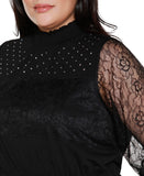 Belldini Mixed-Media Embellished Knit Peplum Top with Lace Sleeves Black 1X