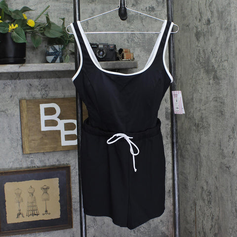 Mimi Flamingo One-Piece Romper Swimsuit with Drawstring Waist Black / White 14