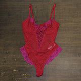 INC International Concepts Womens Floral Mesh Thong Bodysuit Crimson Leaf Red L