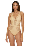 Becca Polished Crochet Plunge One Piece Womens Swimsuit 921057 Gold Yellow M