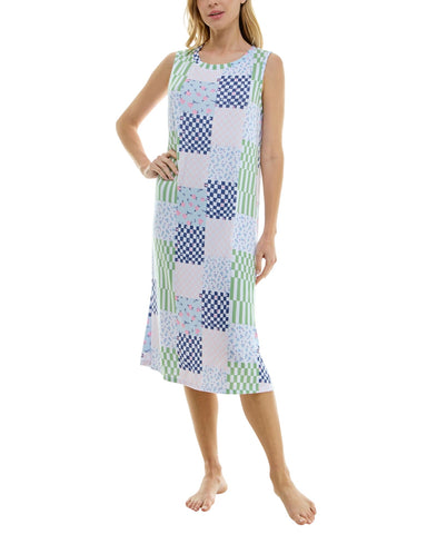 Roudelain Womens Printed Sleeveless Nightgown Knit EHJS362M Ditsy Check Blue L
