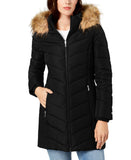 Tommy Hilfiger Womens Faux-Fur-Trim Hooded Chevron Puffer Coat Black XS