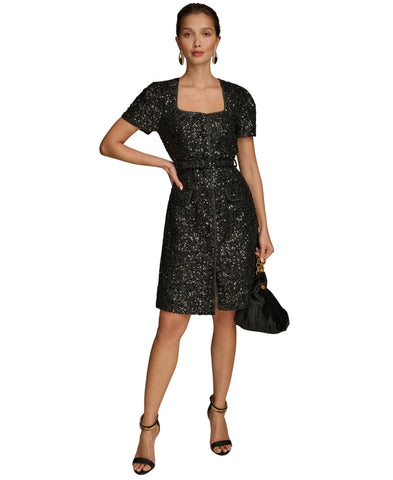 Donna Karan Petite Square-Neck Sequinned Button Down Belted Dress Black 8P