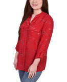 Ny Collection Roll Tab Sleeve Button Down Metallic Foil Blouse Top Glowdot Red L
