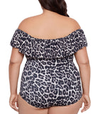 Swim Solutions Off-The Shoulder One Piece Swim Leaping Leopards Black Multi 18W