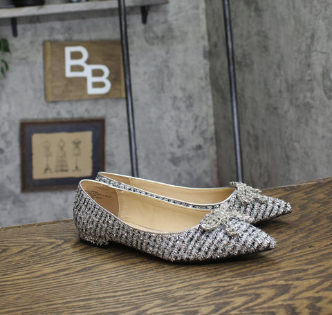 On 34th Womens Millee Embellished Bow Pointed-Toe Flats Silver Tweed Gray 5.5M