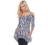 White Mark Zebra Leopard Print Cold Shoulder Tunic Top Navy Blue / White S